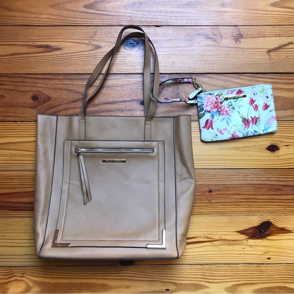 Steve Madden Tan Cognac Large Tote Bag with Floral Wristlet, EUC, 16” x 14.5”